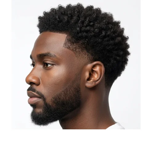 Low Taper Afro for Black men with natural curly hair texture and clean tapered sides