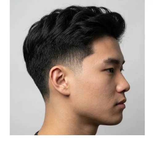Asian straight hair with low taper fade featuring smooth straight hair on top and a clean taper fade around the ear for a modern men’s hairstyle.