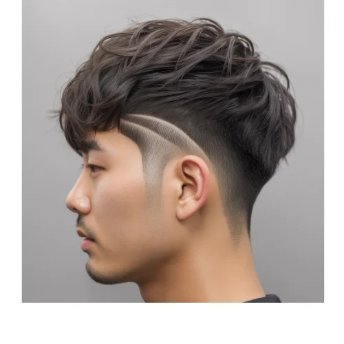 Assian messy top with Low Taper Fade and curved shaved line design