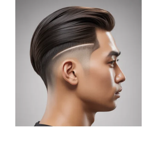 Slicked back hairstyle with Low Taper Fade and shaved line design