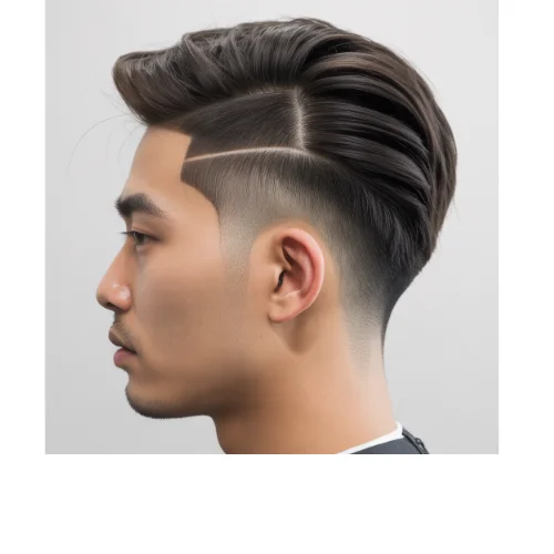 Asian Comb Over hairstyle with Low Taper Fade and shaved line design