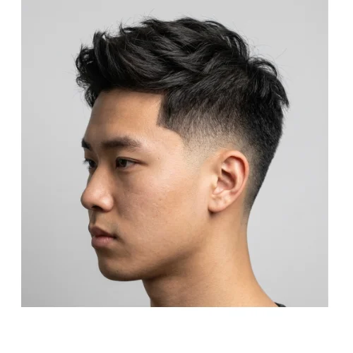 Asian textured hairstyle with clean Low Taper Fade for men