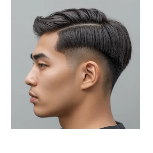 Asian Side part hairstyle with sharp line design and Low Taper Fade for men