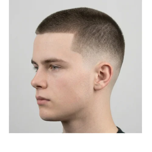 Low Taper Fade Buzz Cut men haircut side profile with clean fade