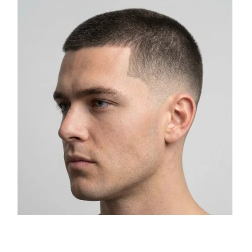 Classic low taper buzz cut with evenly trimmed top, soft low fade on the sides, and a clean natural hairline for a timeless look