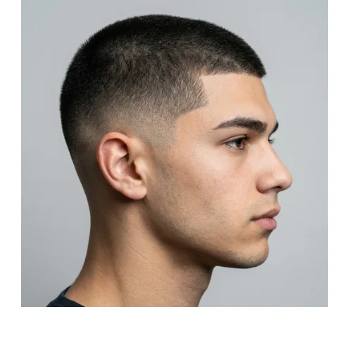Short buzz cut with low taper fade featuring a very close-cropped top, smooth low fade on the sides, and a clean, sharp hairline