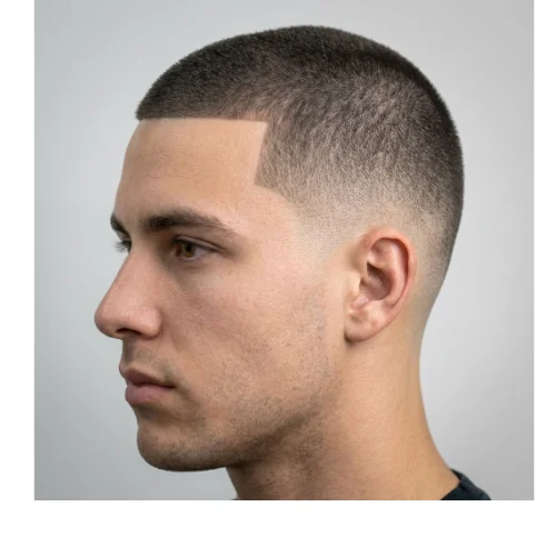Low taper fade buzz cut with line up featuring a sharp, defined hairline, evenly trimmed top, and cleanly blended low fade on the sides