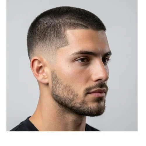 Low taper buzz cut with beard featuring a clean short top, smooth low fade on the sides, and a well-groomed beard blended seamlessly