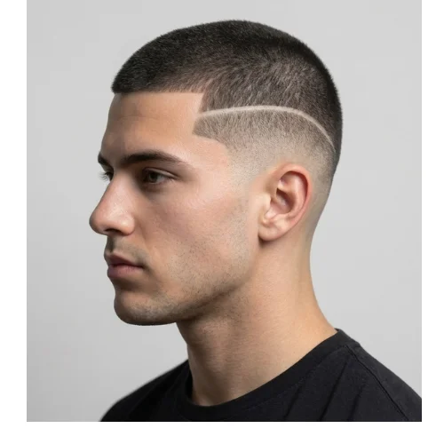 Buzz cut with low taper and design featuring a short even top, clean low fade on the sides, and a sharp shaved design detail for a stylish finish