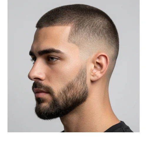 Clean taper buzz style featuring a neatly trimmed short top, soft taper fade on the sides, and a natural, well-blended finish
