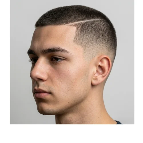Trendy Low Taper Fade Buzz Cut with Hard part line and Taper