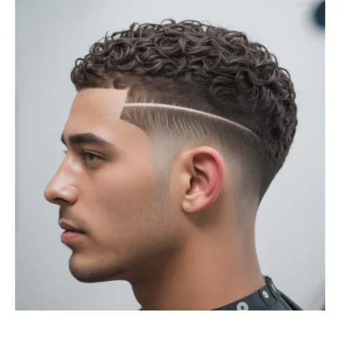 Low Taper Fade Curly Hair with sharp shaved line design