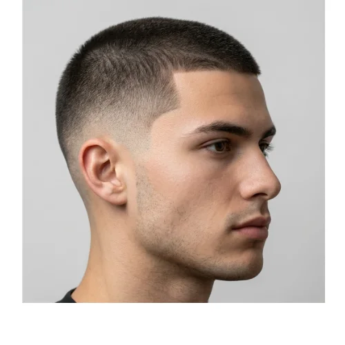 Low Taper Fade Buzz Cut men haircut with clean fade and Temple Taper