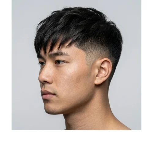 Asian textured fringe haircut with clean Low Taper Fade