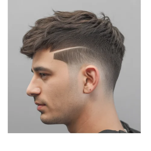 Low taper fade haircut with Messy top and sharp shaved line design on the side, modern men’s hairstyle