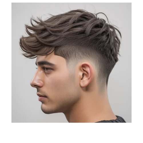 Low taper fade haircut with messy textured hair and clean tapered sides, modern men’s hairstyle