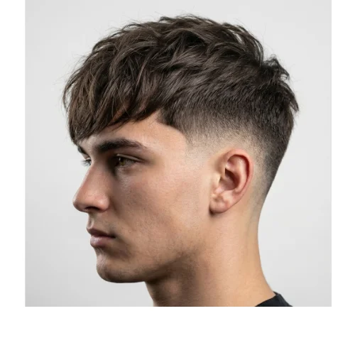 Low taper fade haircut with short textured fringe and clean tapered sides, modern men’s hairstyle