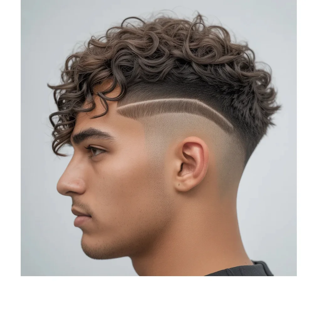 Curly hair with Low Taper Fade and shaved line design