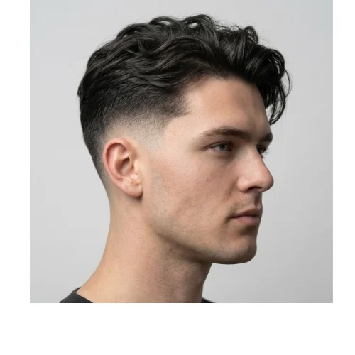 Side profile of a man with messy side part hairstyle and Low Taper Fade haircut, featuring textured medium hair on top and neatly faded sides for a modern stylish look.
