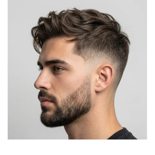 Side profile of a man with messy side part hairstyle and Low Taper Fade haircut, featuring textured medium hair on top and neatly faded sides for a modern stylish look.