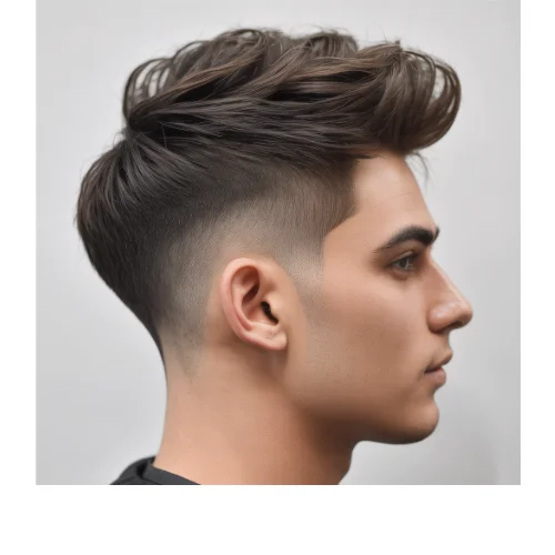 Side profile of a man with messy quiff hairstyle and Low Taper Fade haircut, featuring voluminous textured hair on top and clean tapered sides for a modern stylish look.