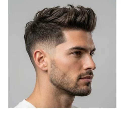Side profile of a man with messy pompadour hairstyle and Low Taper Fade haircut, featuring voluminous textured hair on top with neatly blended tapered sides for a modern stylish look.