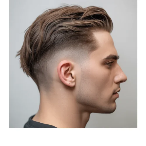 Side profile of a man with messy slick back hairstyle and Low Taper Fade haircut, featuring textured hair brushed backward with clean tapered sides for a modern stylish look.