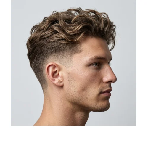 Side profile of a man with messy voluminous hair and Low Taper Fade haircut, featuring thick textured hair on top with neatly blended tapered sides for a modern stylish look.