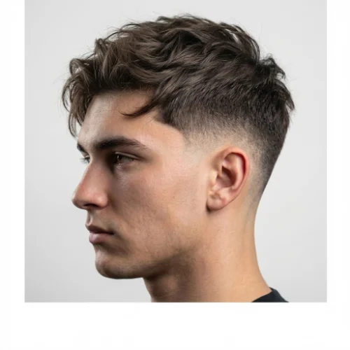Side profile of a man with messy modern hairstyle and Low Taper Fade haircut, featuring textured medium-length hair on top with clean tapered sides for a stylish contemporary look.