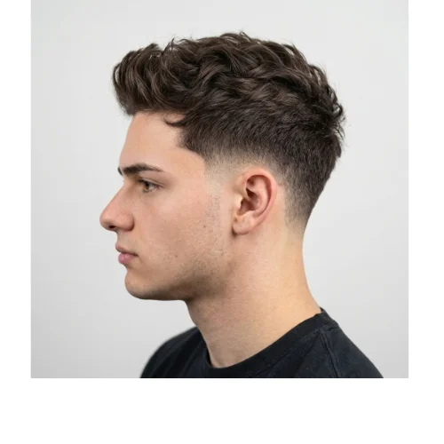 Side profile of a man with Low Taper Fade and messy casual hair, featuring textured medium-length hair on top with clean tapered sides for a relaxed modern hairstyle.