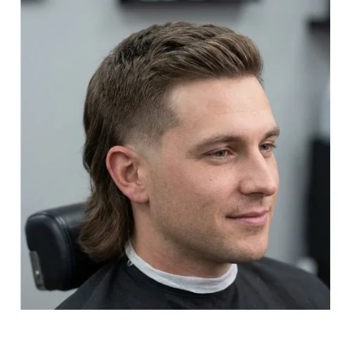 Low Taper Fade Mullet classic style men's haircut with short faded sides and longer back