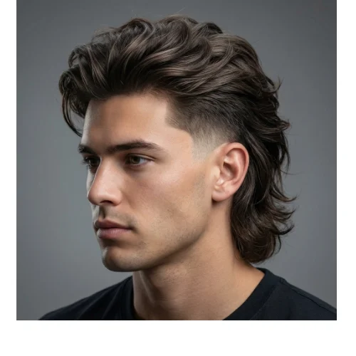 Low taper fade mullet modern style men's haircut with textured top and long back hairstyle