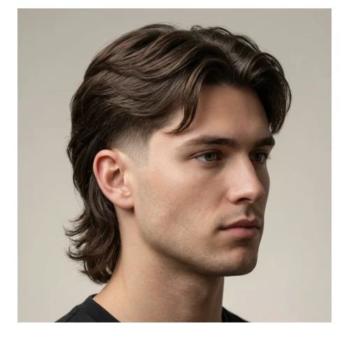 Low Taper Fade Mullet Middle Part haircut for men, featuring clean fade sides and textured long back hair.
