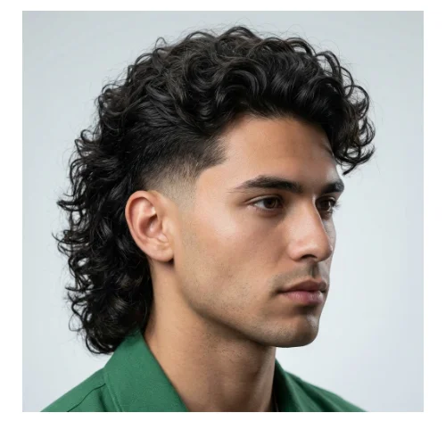 Low taper fade mullet curly style men's haircut with natural curls and longer back