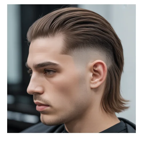 Low taper fade mullet straight hair style men's haircut with smooth texture and long back