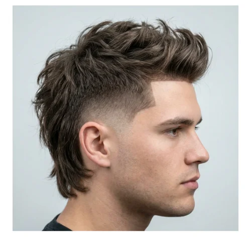 Low taper fade mullet textured style men's haircut with layered texture and longer back