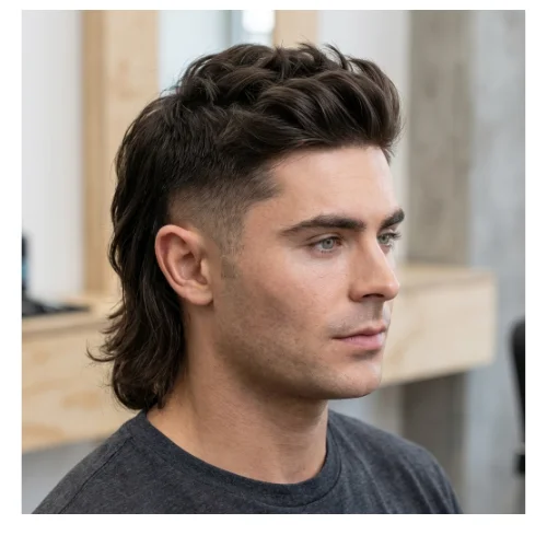 Low Taper Fade Mullet casual hairstyle for men, featuring a soft fade with relaxed, textured long back hair.