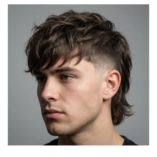 Low Taper Fade Mullet Fringe hairstyle for men, featuring a clean fade with textured long back hair and a stylish front fringe.