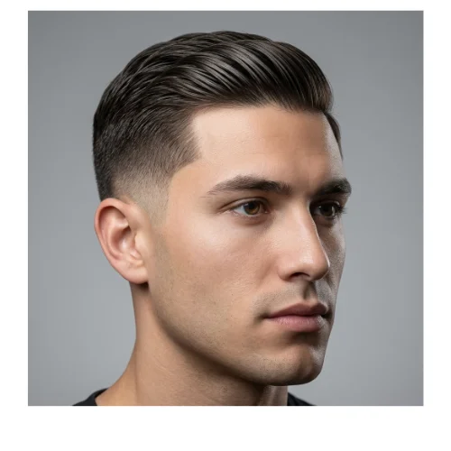 side view of Young man with a classic short haircut and a clean low taper fade, featuring neatly blended sides and a timeless, natural top style.
