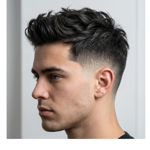 side view of Young man with short modern hairstyle and a sharp low taper fade, featuring clean blended sides and a stylish textured top.