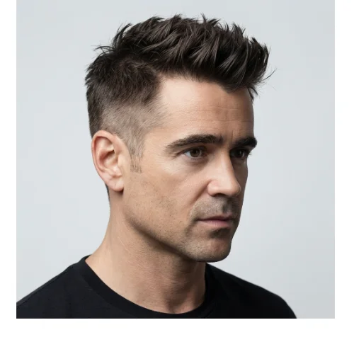 Side view of a young man with short messy hair and a clean low taper fade, featuring textured, tousled strands on top and smoothly blended sides.