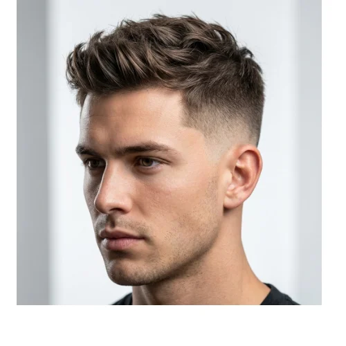 Young man with short textured hair and a clean low taper fade, featuring defined layers on top and smoothly blended sides.