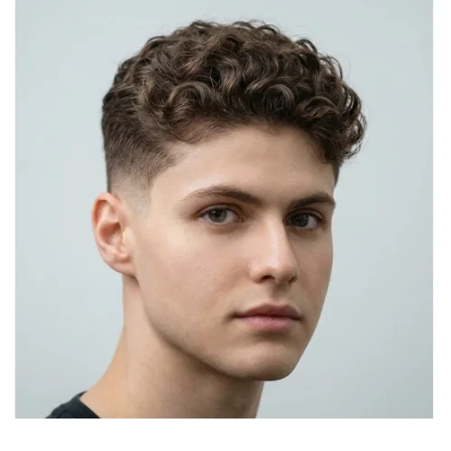 Young man with short curly hair and a clean low taper fade, featuring defined curls on top and smoothly blended faded sides.