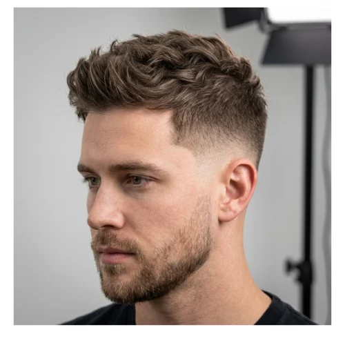 Young man with short modern hairstyle and a clean low taper fade, featuring sharp blended sides and a fresh, styled top.