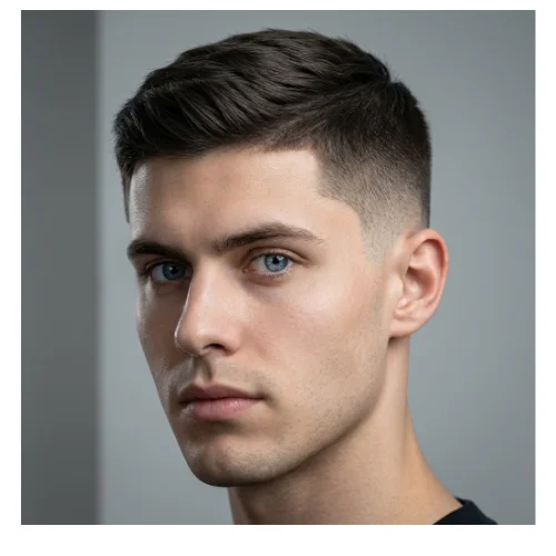 A young man with straight hair styled in a low taper fade haircut, featuring short sides that gradually blend into slightly longer hair on top, giving a neat and modern appearance.