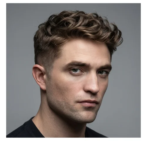 side view of a young man with naturally wavy hair styled in a low taper fade haircut, featuring short, cleanly tapered sides that gradually blend into textured, wavy hair on top for a relaxed yet modern look.