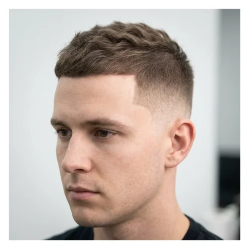 A young man with thin hair styled in a low taper fade haircut, featuring closely tapered sides that blend smoothly into short, lightly textured hair on top, creating a clean look with added volume and natural movement.