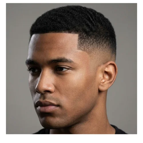 Side view of a young man with black short hair styled in a low taper fade haircut, featuring neatly tapered sides that gradually blend into the top, highlighting the clean fade and natural texture.