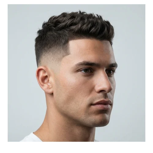 Side view of a young male with short hair styled in a low taper fade, showing neatly tapered sides that gradually blend into the top for a clean, sharp, and modern appearance.