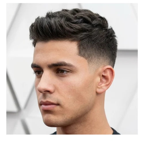 A young man with thick hair styled in a low taper fade haircut, featuring cleanly tapered sides that blend smoothly into a fuller, dense top with natural volume and texture for a bold, well-groomed look.